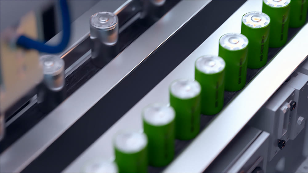 Lithium conveter ion batteries. Close-up. Production of batteries. 3D illustration. 3D rendering.