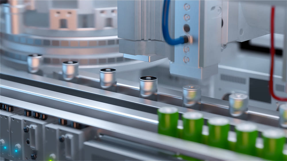 Production of lithium ion batteries. Battery factory. 3D illustration. 3D rendering.