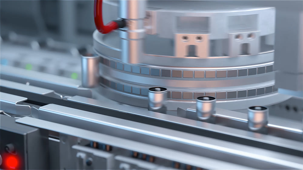 Production of lithium ion batteries. Battery factory. 3D illustration. 3D rendering.