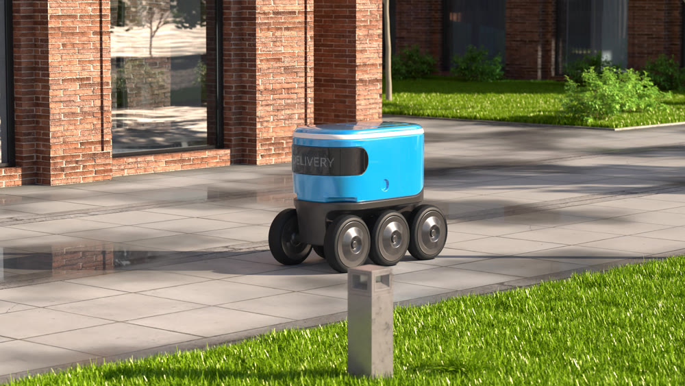 Autonomous delivery robot drives along the street