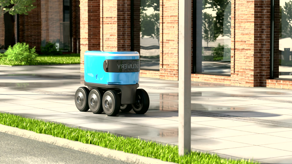 Autonomous delivery robot drives along the street