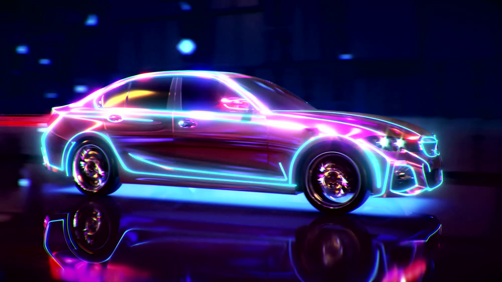 A neon sports car drives down a night road. 3D rendering.