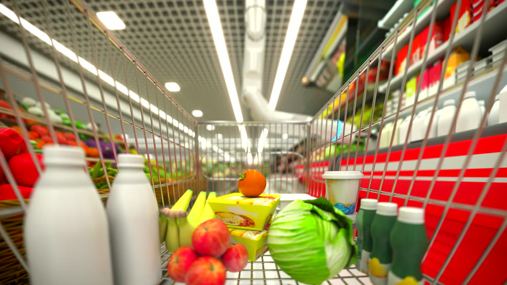 Hand robot buys food and puts them in the basket. 4k
