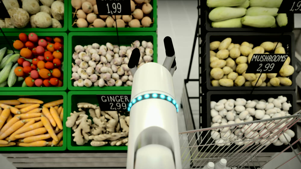 The robot makes a purchase, add products to the basket. 3d rendering