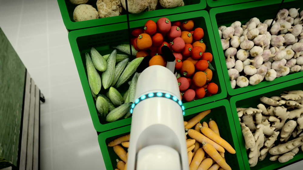 The robot makes a purchase, add products to the basket. 3d rendering 