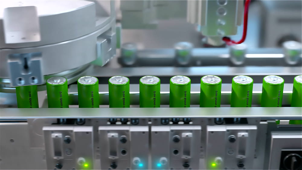 Conveer for the production of lithium ion battery. Stamping of batteries, application of protective coating. Close-up. 3D redering.