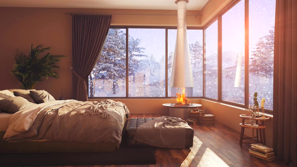 A hotel room with a bed and a large window with winter background 3d illustration