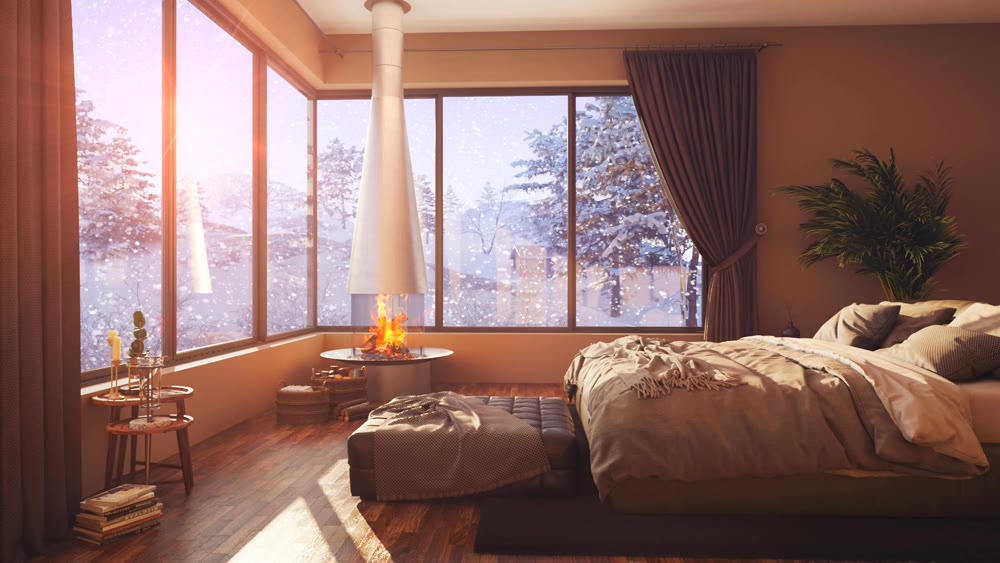 A hotel room with a bed and a large window with winter background 3d illustration