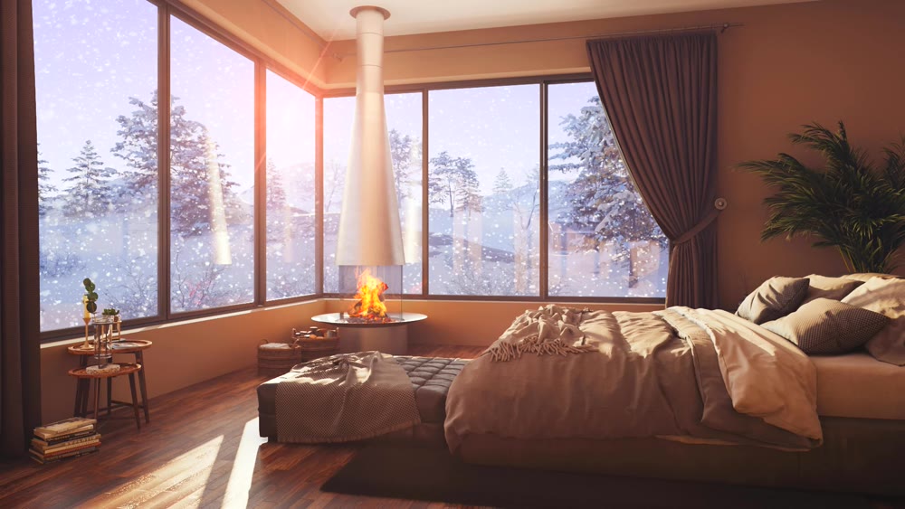 A hotel room with a bed and a large window with winter background 3d illustration