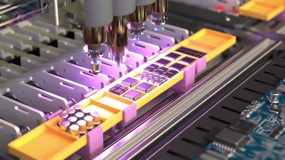Conveyor for the production of processors and motherboards at the factory 4k footage