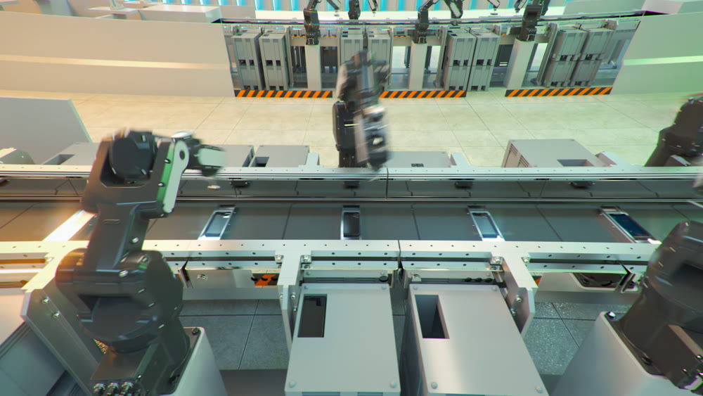 robot conveyor for the production of mobile phones at a high-tech factory. 3d rendering