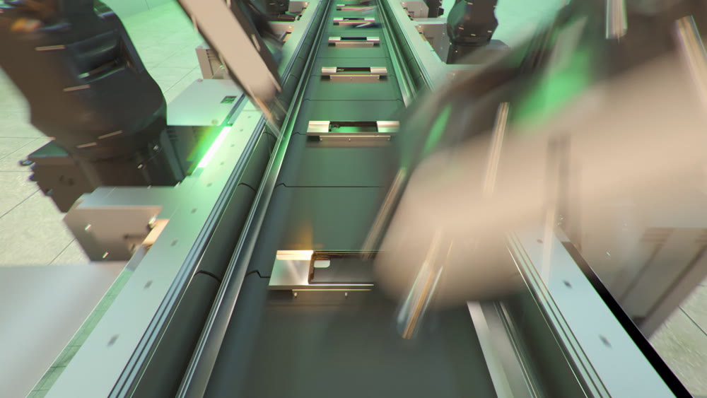 robot conveyor for the production of mobile phones at a high-tech factory. 3d rendering