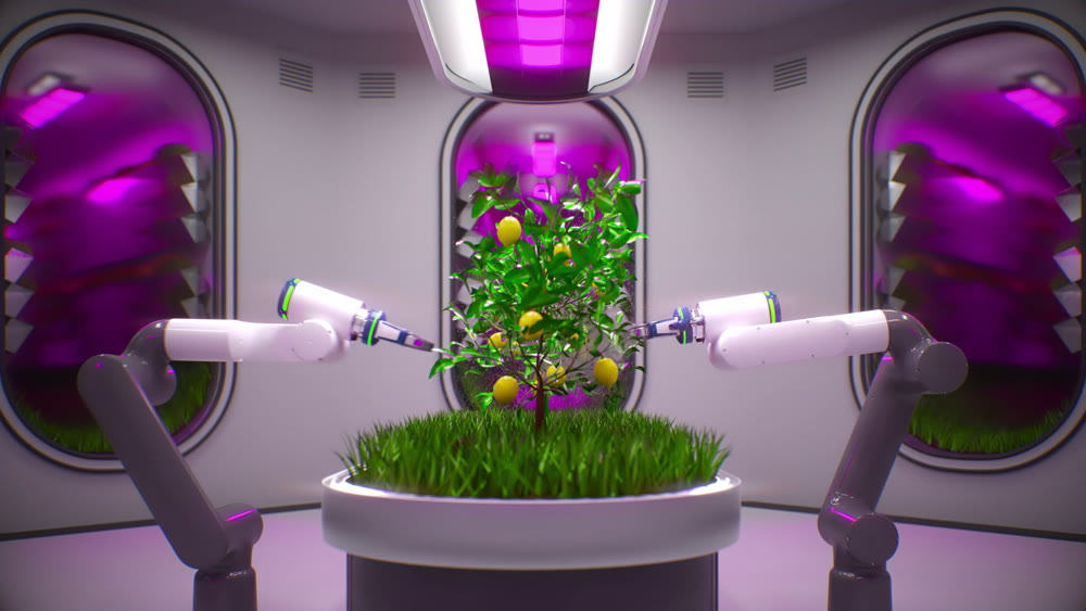 robot farm for the production of vegetables and fruits. high-tech production of environmentally friendly food