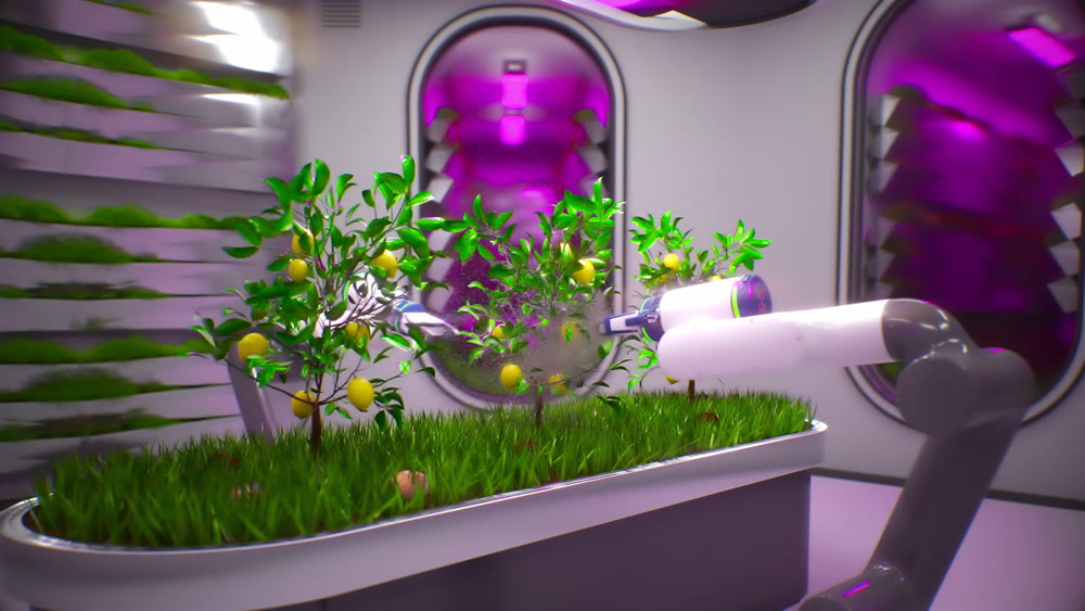 robot farm for the production of vegetables and fruits. high-tech production of environmentally friendly food