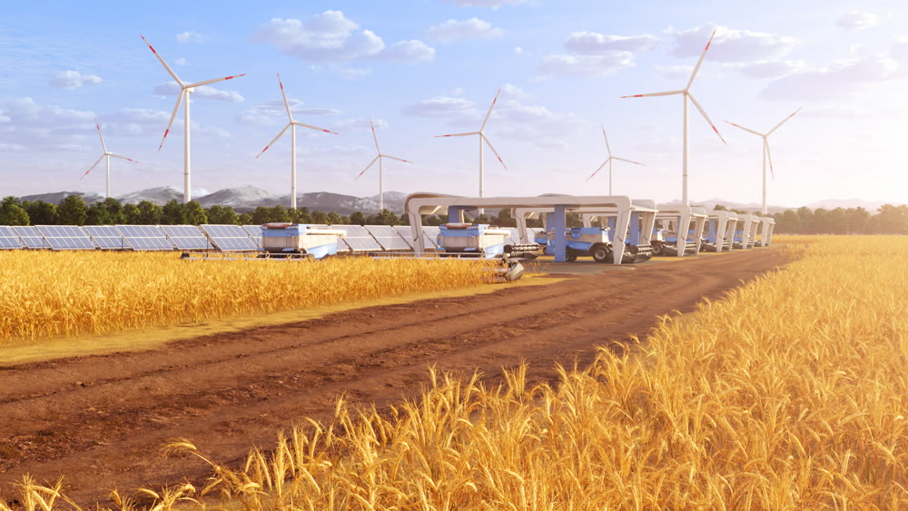 Futuristic harvesters on field with solar panels and windmills in the background 4K