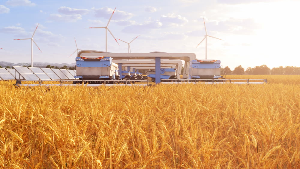 Harvesters on field with solar panels and windmills in the background 4K