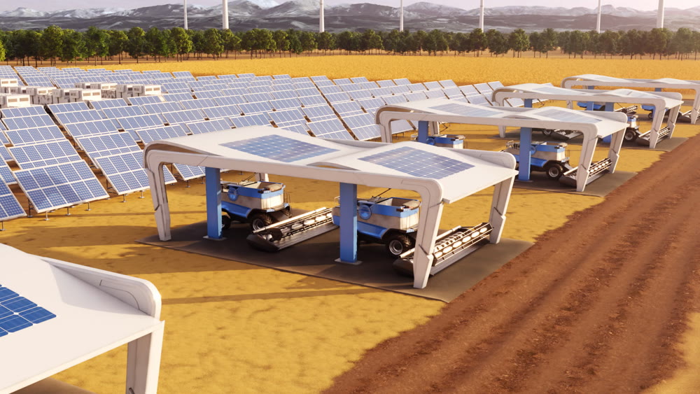 Futuristic harvesters working on field with solar panels and windmills in the background 4K