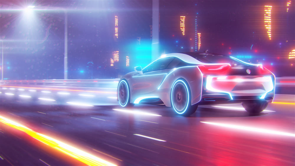 Future car going on the road 3d illustration