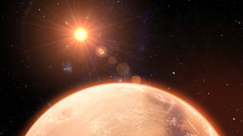 Mars planet sunset sunrise in the space 3d illustration