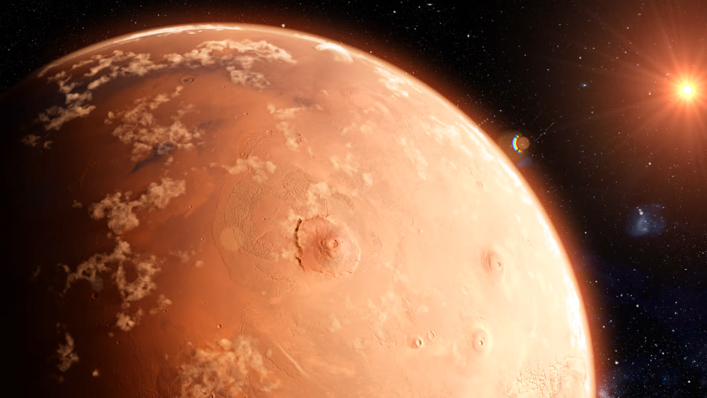 Mars planet sunset sunrise in the space 3d illustration
