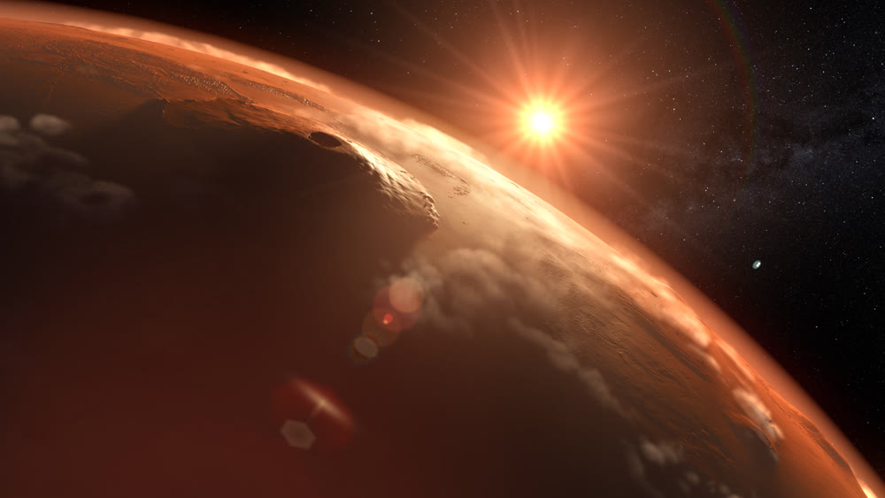 Mars planet sunset sunrise in the space 3d illustration