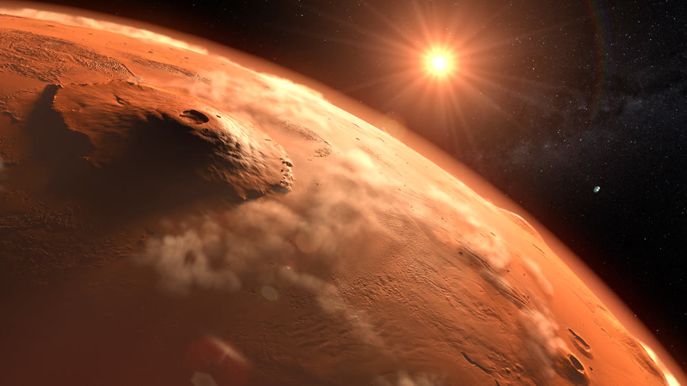 Mars planet sunset sunrise in the space 3d illustration