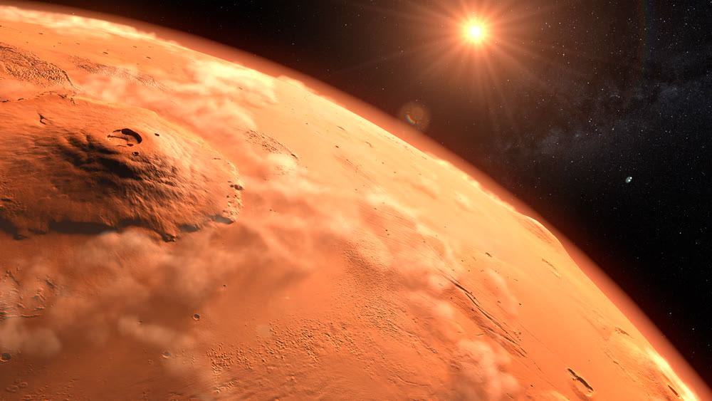 Mars planet sunset sunrise in the space 3d illustration